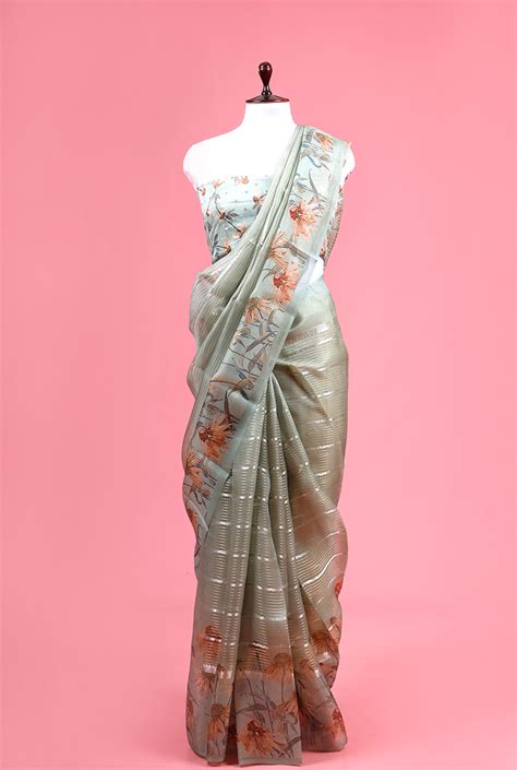 Sage Green Floral Printed Organza Silk Saree – Chinaya Banaras