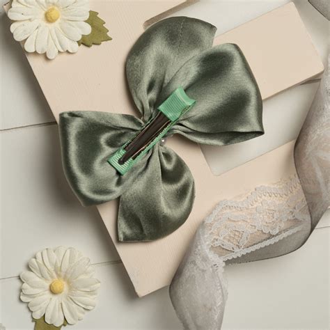 Ribbon Candy - Pearl Detailed Cute Satin Bow on Alligator clip - Olive ...