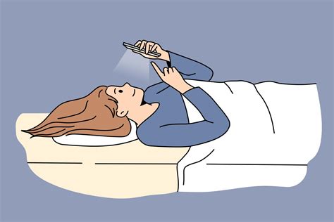 Addiction to internet and chatting concept. Young woman cartoon character lying in bed having ...