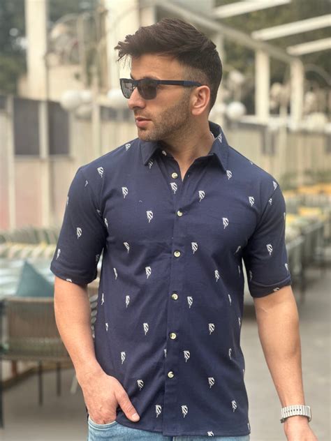 Gritstones Navy Blue Oversized Revere Collar Knitted Shirt