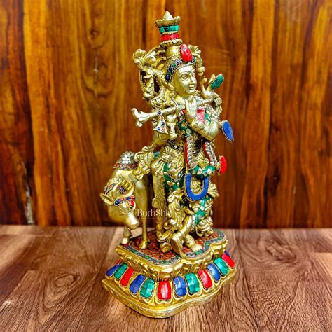 Brass Divine Krishna with Cow Statue 17 Inch | Budhshiv.com
