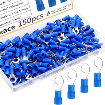 smseace 150pcs 1/4(M6) Insulated Ring terminals Blue O-Type Wire ...