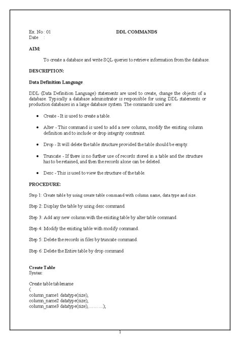 CS3481 - DBMS Record - Ex. No : 01 DDL COMMANDS Date : AIM: To create a ...