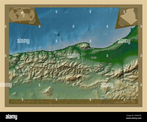 Tipaza, province of Algeria. Colored elevation map with lakes and rivers. Locations and names of ...