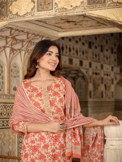 Floral Print Cotton Kurta with Trousers & Dupatta – Yufta Store