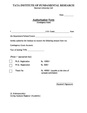 Fillable Online tifr res Regd. & Thesis Fee Auth. Form - Tata Institute ...