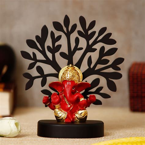 Gold Plated Red Mukut Ganesha Decorative Showpiece with Wooden Tree for ...