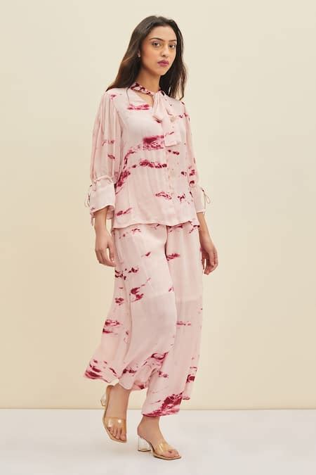 Buy Pink Silk Tie Dye Tie-up Haze Top And Pant Set For Women by Meadow ...
