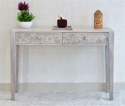 Samdecors Solid Wood Two Drawer Evan Carving Console Hall Table White ...