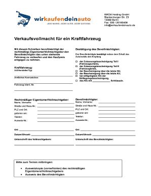 German Vehicle Sale Power of Attorney - Leere ausfüllbare Vorlage ...