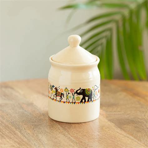 'Elephant Motif' Multi-Purpose Ceramic Pickle & Chutney Jar (Non Air-T ...