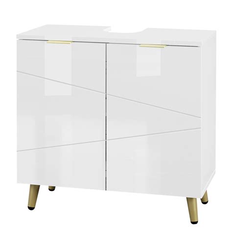 White-Bathroom-Cabinet-High-Gloss-White-with-2-Doors-Legs-Adjustable ...