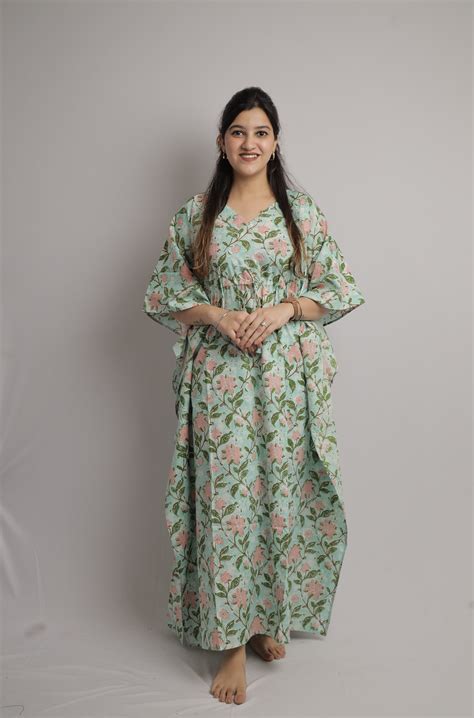 Teal Cotton Kaftan Maxi with Hand-Block Floral Print – SIS