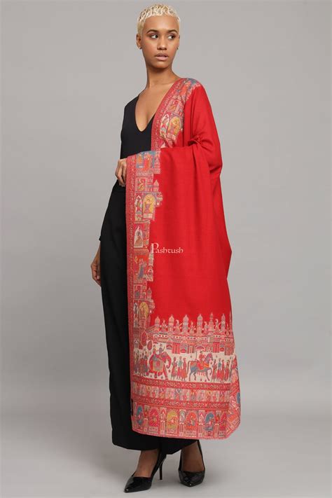 Pashtush Womens Fine Wool Shawl, Royal Darbar Palla, Woven Design, Red ...