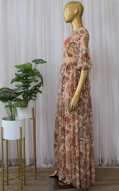 Beige Red Floral Printed Georgette Mirrorwork Jumpsuit