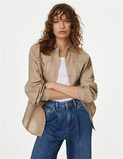 Buy Linen Rich Collared Lace Insert Shirt at Marks & Spencer