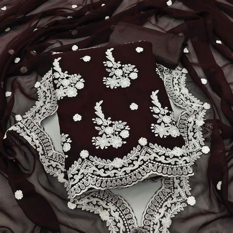 Coffee Brown Embroidered Georgette Dress Material