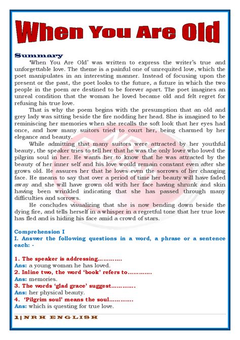 When you are old Notes - Summary ‘When You Are Old’ was written to ...