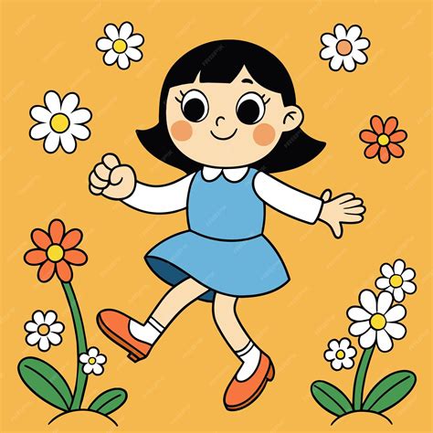 A cartoon drawing of a girl running in the grass with flowers | Premium ...