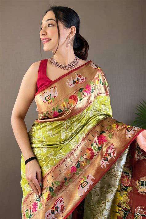 Lassitude Mehndi Paithani Silk Saree With Demure Blouse Piece ...