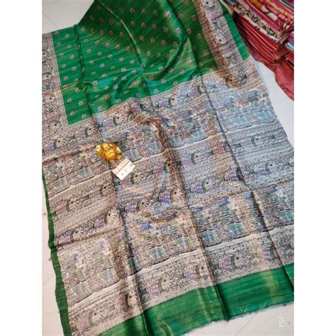 Silkmark Certified Tussar Silk Madhubani Block Print Green Saree with ...