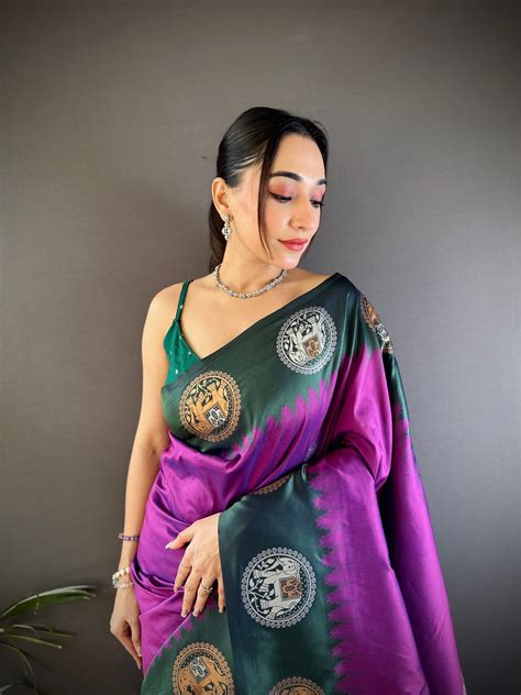 Buy Purple Soft Banarasi Silk Zari Woven Designer Saree With Blouse ...