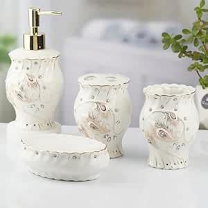 Kookee Ceramic Bathroom Set – Stylish 4 Piece Bath Accessories Kit with ...