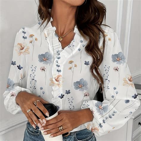 Temu｜Floral Print Ruffle Blouse, Elegant Long Sleeve Top For Spring ...