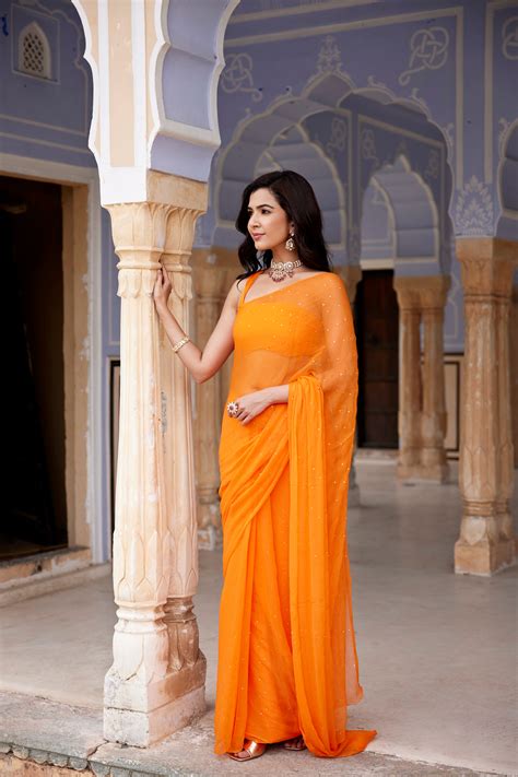 Orange Hand Embroidered Mukaish Chiffon Saree – Geroo Jaipur