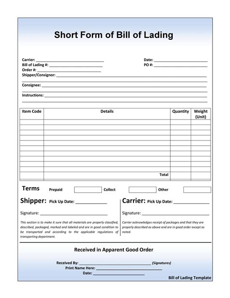 Free Printable Blank Bill Of Lading Form - Printable Forms Free Online