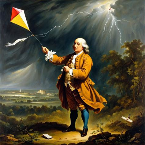 Benjamin Franklin flying a kite in a thunderstorm, - AI Generated ...