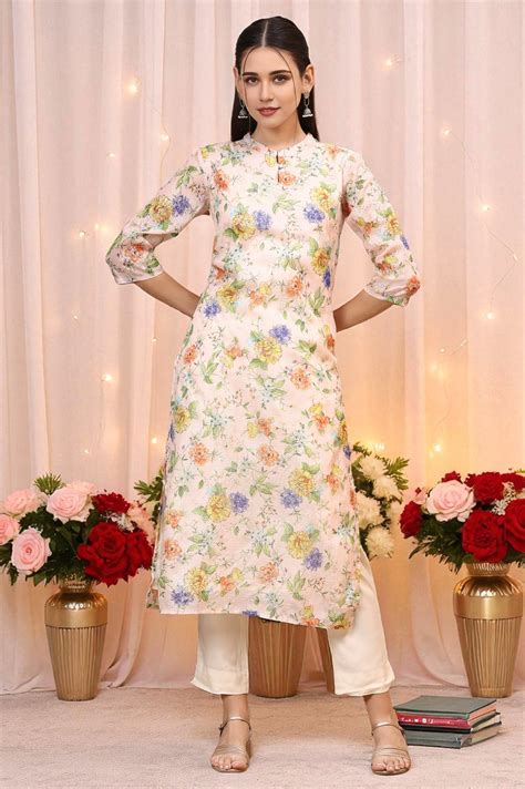 Buy Peach Floral Printed Kota Straight Kurta Online for Woman | Shop ...