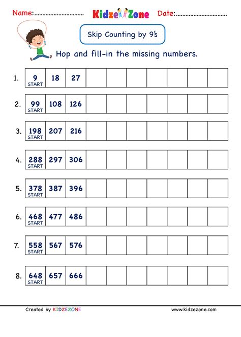 Grade 2 Math Number Practice worksheets - Skip Counting by 9
