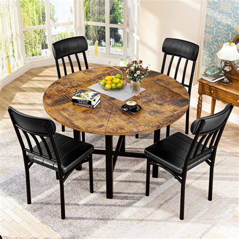 Furlinkhm Round Dining Table Set for 4, Wood Round Kitchen Table and ...