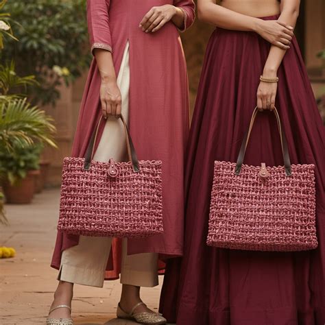 Buy Handmade Grass Woven Leather Strap Box Shaped Pink Sabai Mesh Tote ...