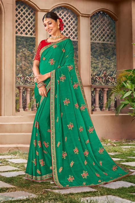 Green Embroidered Floral Chiffon Saree with Detailed Border – Wedding ...