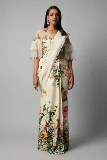 Buy Ivory Raw Silk Print Garden Fiore V Neck Pre-draped Saree With ...