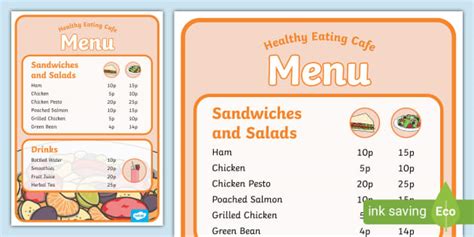 Healthy Eating Cafe Role Play Menu