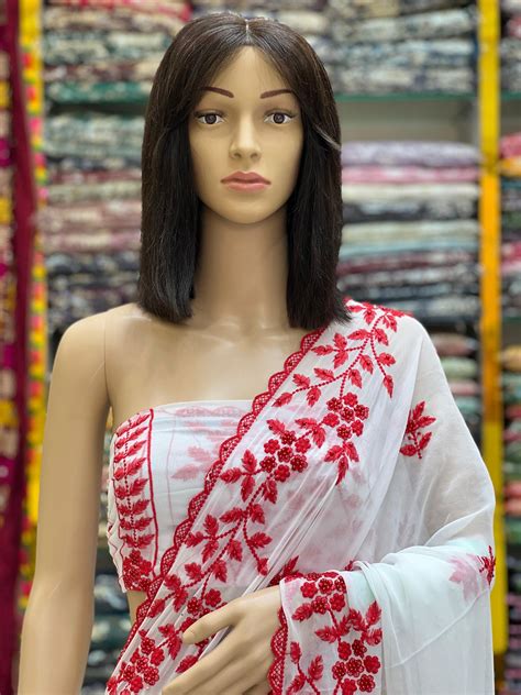 White Georgette Saree with Red Thread Embroidery Elegant Floral Design ...