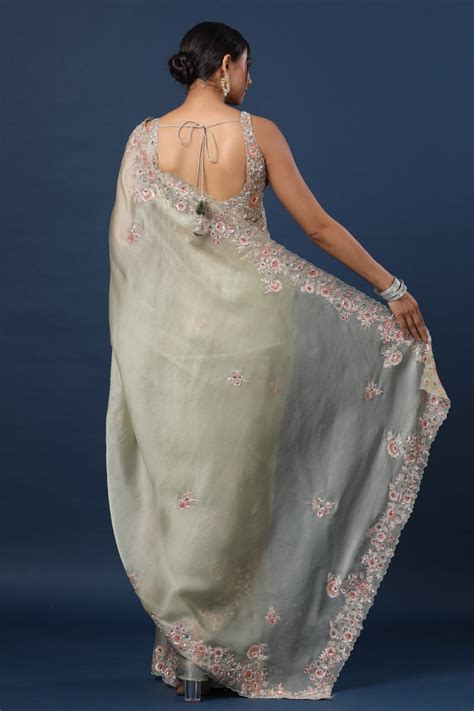 Fern Green Zardosi & Sequins Embroidered Organza Saree with Ready Made ...