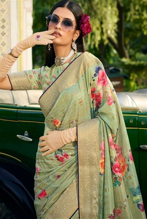Moss Green Floral Tissue Silk saree – MOR ETHNICS