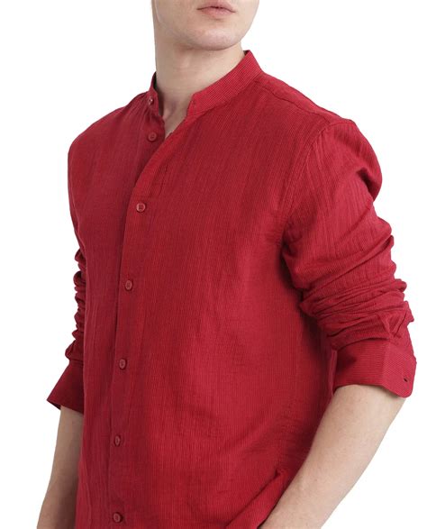 Rare Rabbit Men's Rusk Red Cotton Plain Regular Fit Full Sleeve Mandar
