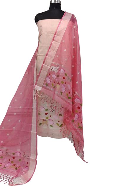 Pink Handloom Kota Doria Real Zari Suit Set - Unstitched 2-Piece