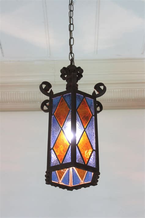 Spanish Hexagonal Lantern in Iron and Orange Blue Glasses For Sale at ...