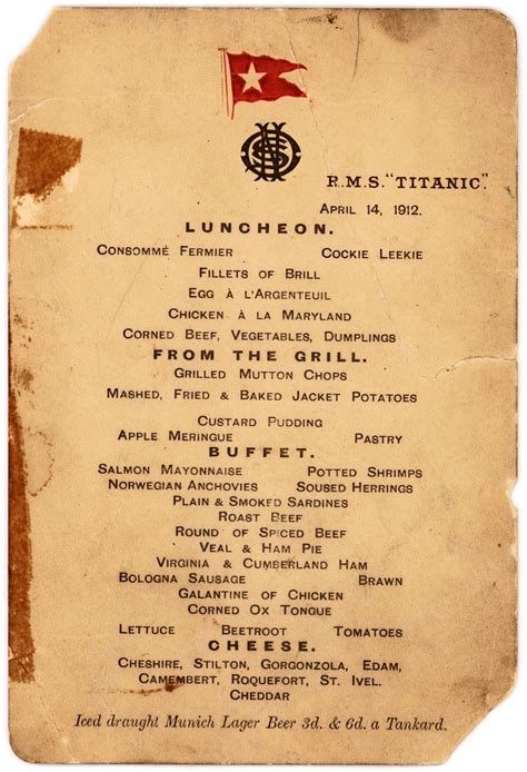 Image result for Titanic First Class Lunch Menu