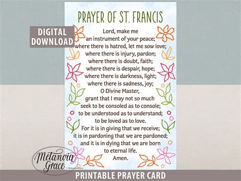 Prayer of St Francis Printable Card, Peace Prayer of Saint Francis ...