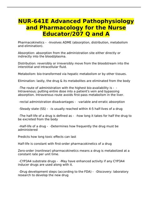 NUR-641E Advanced Pathophysiology and Pharmacology for the Nurse Educator/207 Q and A - NUR-641E ...