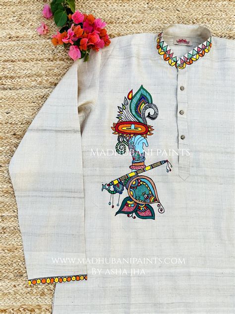 Krishna's Mor Paankh Hand-painted Madhubani Men's Tussar Silk Kurta ...