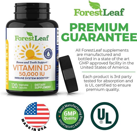 Forest Leaf Vitamin D3 50,000 IU Weekly Supplement - 120 Vegetable Capsules for Bone, Teeth, and ...