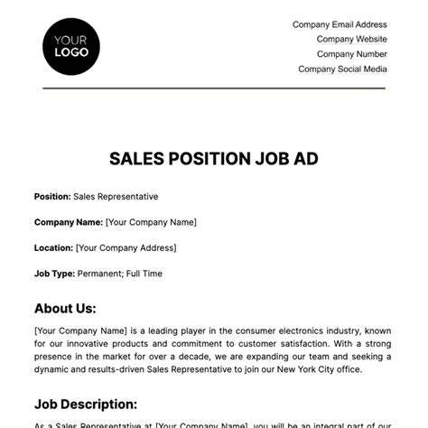 Sales Position Job Ad HR Template - Edit Online & Download Example